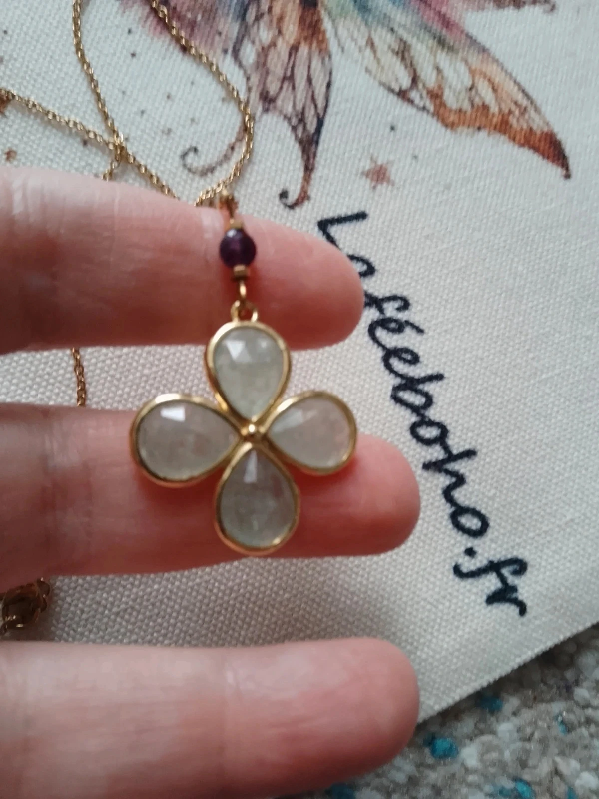 Collier fleur en pierres aventurine verte  et améthyste violette – photo 2
